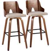 Ariana 30" Swivel Bar Stool in Walnut Wood, Beige Fabric & Black Footrest (Set of 2)